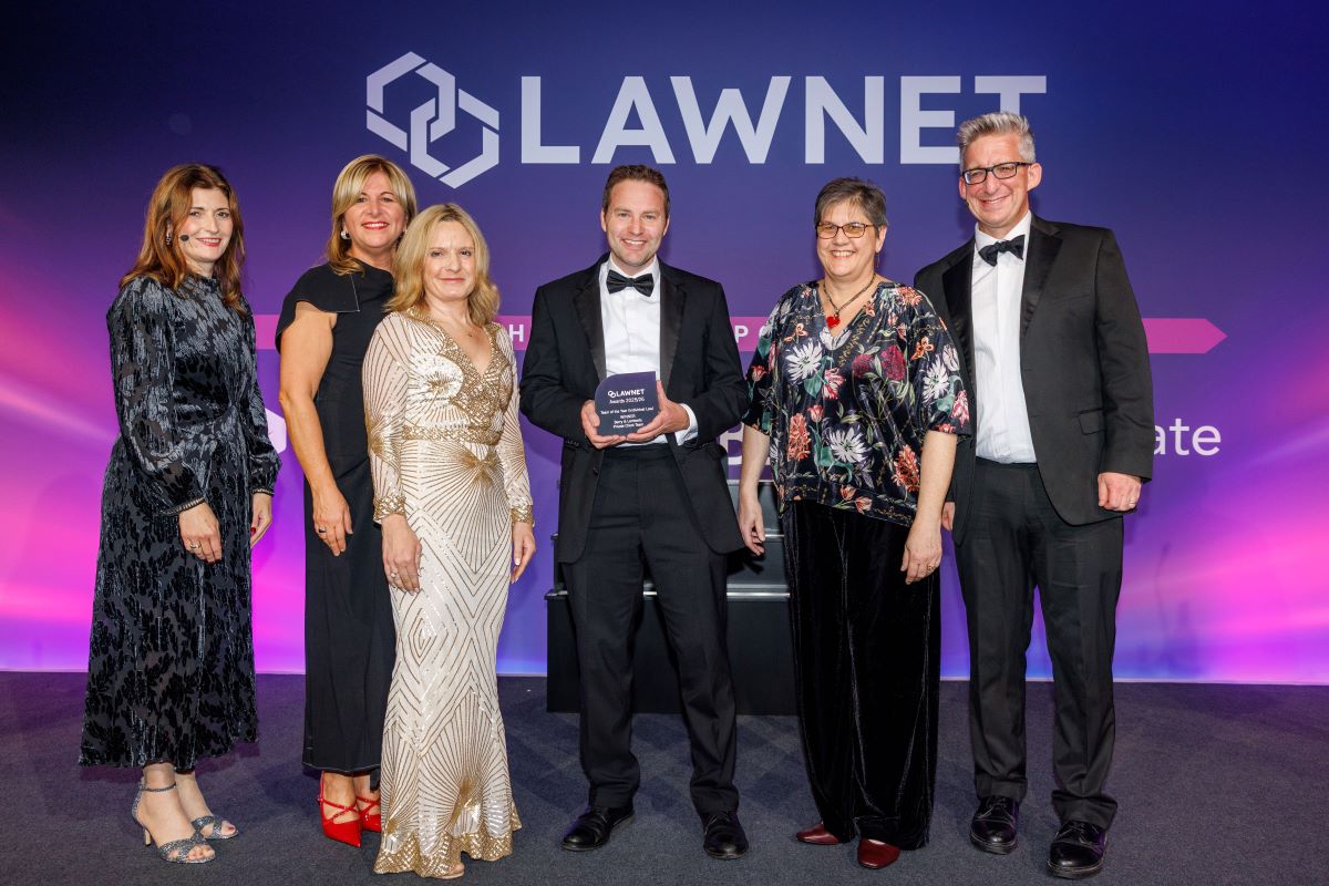 The Berry & Lamberts Private Client team on stage accepting the LawNet Team of the Year (Individual Law) award for 2025/26.